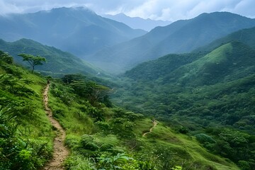 Serene Mountain Landscape with Lush Green Trails and Rolling Hills