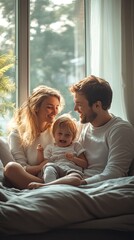 Obraz premium Happy Family of Three Sitting by Window