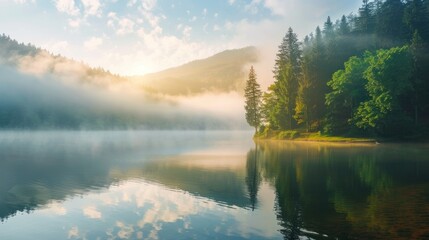 Beautiful misty lake surrounded by forest at sunrise. Tranquil nature landscape.