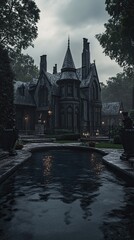 Gothic Mansion with Pool and Overcast Sky