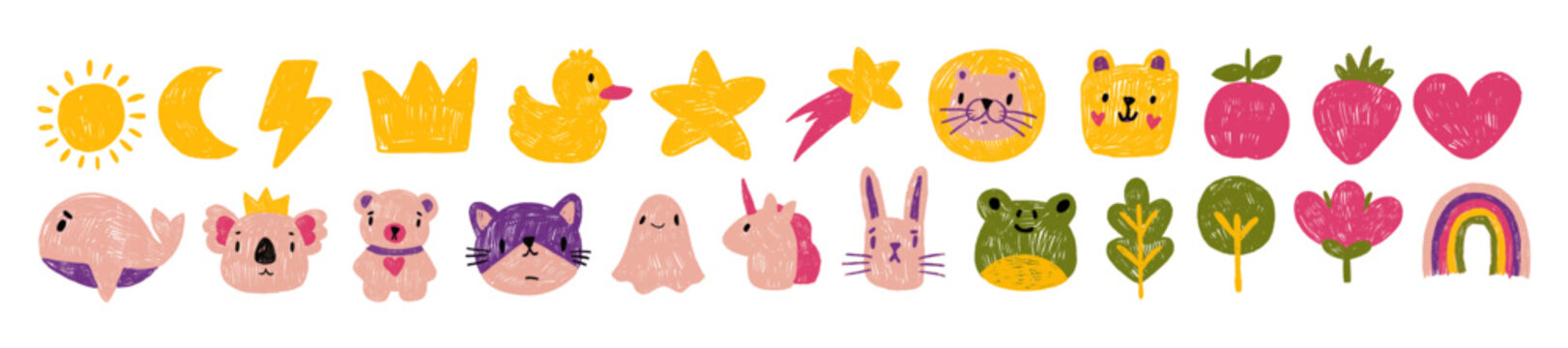 Naklejki Kids cute doodle icon set vector hand drawn color crayon texture funny animals naive childish print. Nursery comic illustration yellow crown, sun, star, heart. Kindergarten pencil scribble kids doodle
