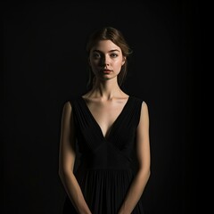 Fototapeta premium Young Woman in Black Dress Against Dark Background