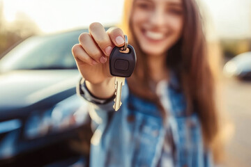 Happy car buyer with keys in hand against background of the car