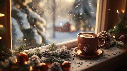 Hot chocolate cup on windowsill decorated for Christmas