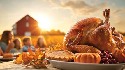 A festive thanksgiving feast enjoying a golden roasted turkey surrounded by autumn decorations and family gatherings at sunset