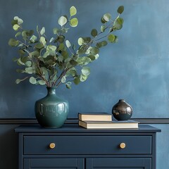 Minimalist composition of elegant home office space with design chair, black vase with leaf, sculpture, book and personal accessories. Copy space. Minimalist home decor, Generative AI