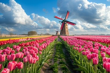 Vibrant Tulip Fields Under a Scenic Windmill and Dramatic Sky