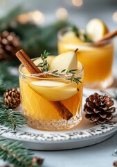 Festive autumn drinks garnished with apples, cinnamon, and fresh greenery on a rustic platter