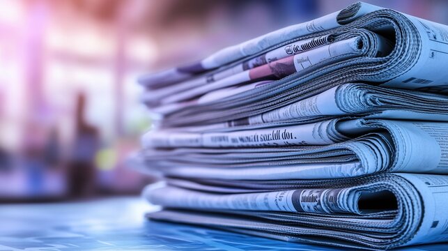 Close-up of a neatly stacked pile of newspapers placed on a table, with a soft blue and white gradient background. The composition emphasizes rich details in the printed material, featuring subtle hig