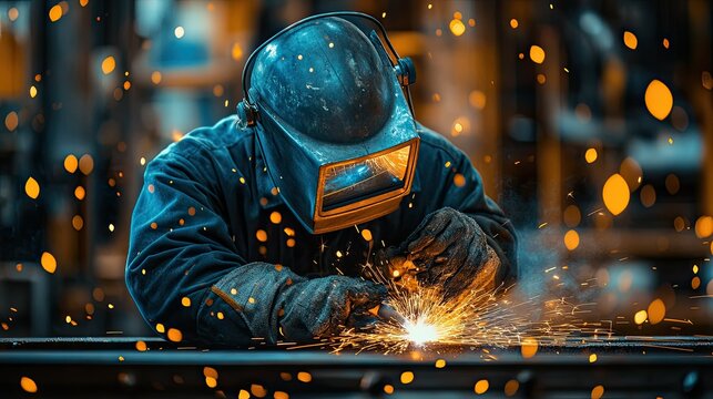 Welder in Protective Gear Working with Sparks
