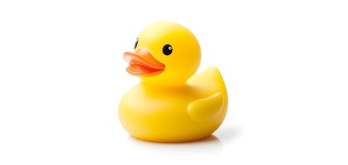 A single bright yellow rubber duck, isolated on a white background, with a slight shadow underneath, representing childhood innocence