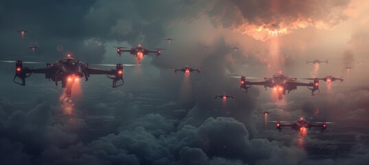 Futuristic Drone Swarm Over Stormy Battlefield for Autonomous Warfare Concepts