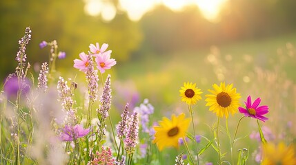 Fototapeta premium Sunlit Meadow with Pink and Yellow Flowers