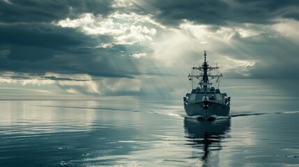 High-Tech Warship with Missile Defense Systems Navigating Tranquil Waters Under Dramatic Skies