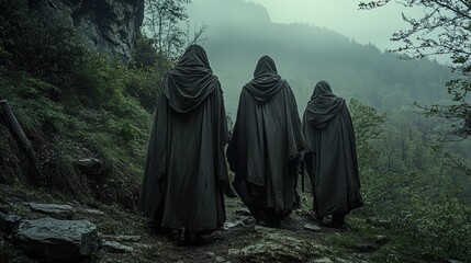 Three hooded figures walking on a rocky path in a misty forest