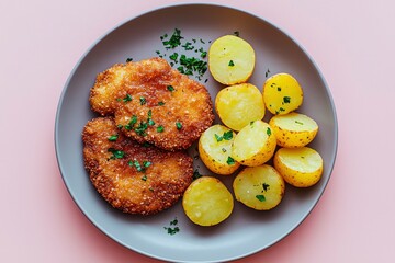 Crispy Fried Cutlets and Potato Slices on a Gray Plate