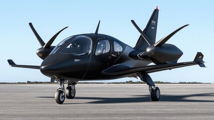 Fototapeta premium A sleek black jet with golden trim parked at an airport under bright sunshine and a vibrant blue sky, ready for luxurious travel