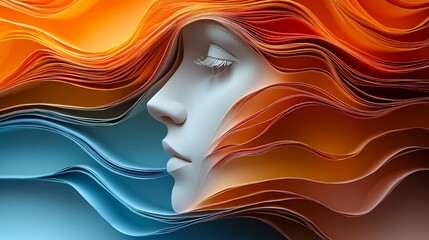 Abstract portrait of a woman's face with flowing waves of orange, red and blue paper.