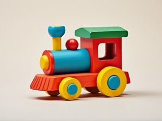 Brightly colored wooden toy train featuring red, yellow, green, and blue details, highlighting handcrafted children's toys and playful designs