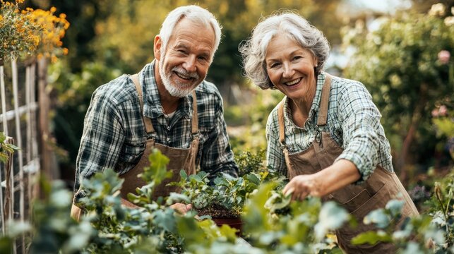 Active senior couple gardening together in their backyard