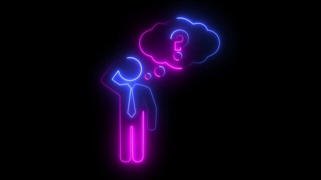 Person with bubble Question symbol icon animated on a black background. pictogram of a man with question mark talk bubbles.