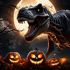 Tyrannosaurus rex T-rex dinosaur with Jack O Lantern Halloween Pumpkins Prehistoric Extinct Scary Carnivore Dino Monster Natural Reptile Full Moon Night background