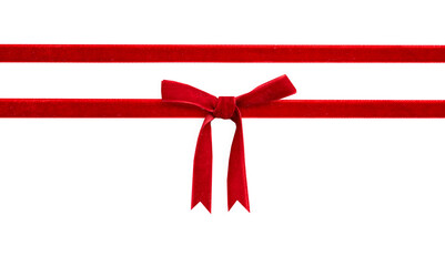 Red velvet bow and ribbon isolated on white. Gift box decor, Christmas design element.
