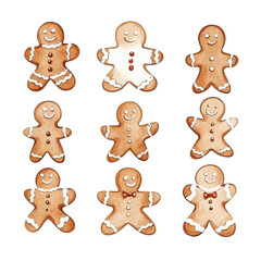 Charming minimalistic watercolor illustration of Christmas gingerbread cookies arranged in a festive pattern, Minimalistic Watercolor Christmas Gingerbread Illustrations on transparent background