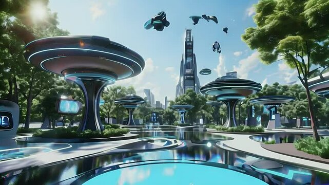 Futuristic city park with flying cars, futuristic architecture, and a blue pool in the center.