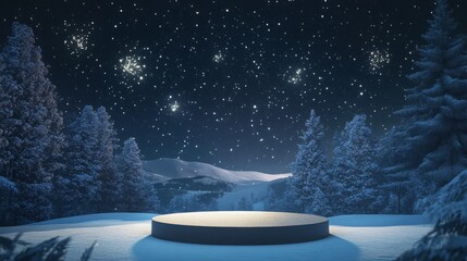 An empty circular platform sits in the center of a snowy forest clearing. Tall, snowy trees line...