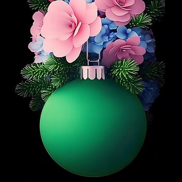 Christmas floral decoration with green ball and blue and pink flowers on dark background, concept for invitation card. 