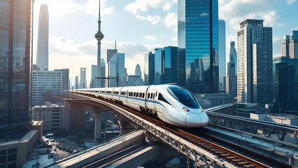 An advance white bullet train or high speed rail travelling at high speed through a modern city with tall buildings and skyscraper.