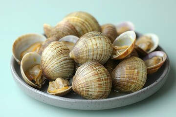 Close-up of Steamed Clams on a Gray Plate