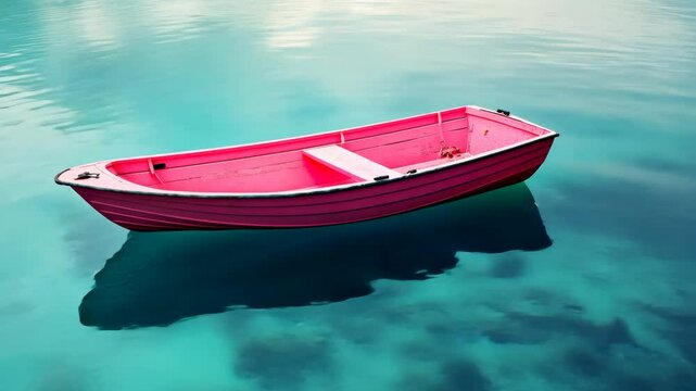A bright pink boat sits on a tranquil, turquoise lake - Powered by Adobe