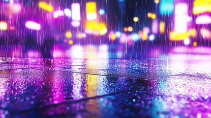 Vibrant neon-lit street illuminated by yellow lights under a midnight rainstorm