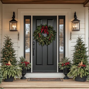 Elegant front porch decorated for the holidays with a black door, wreath, and greenery