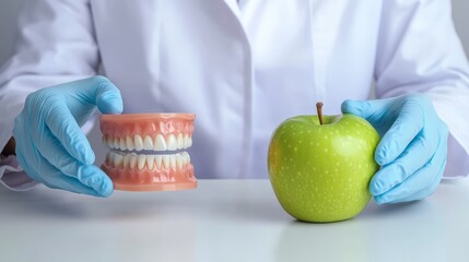 Dentist Holding Denture and Green Apple, Oral Health, Dentistry, Dental Hygiene, Prosthetics, Tooth Care, Generated AI
