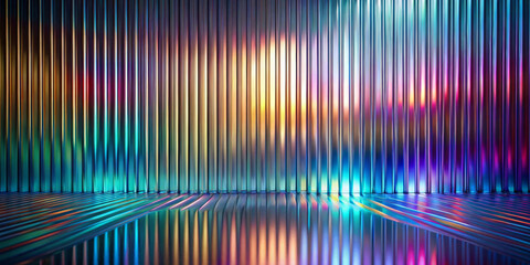 Vertical, metallic stripes reflect a gradient of vibrant colors, creating a rainbow effect. The glossy floor appears to mirror the colorful stripes above, adding depth and symmetry,with copy space.AI 