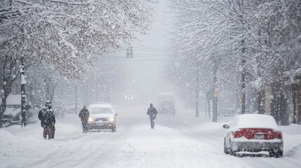Snowstorm, blizzard, snow storm. People make their way through gusty strong wind. Snowy urban landscape. Heavy snowfall blankets city street, wintery atmosphere. Extreme bad weather conditions concept