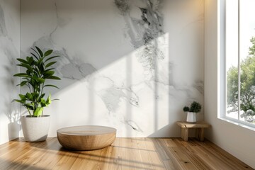 Wooden bench near marble stone wall and wood paneling in cozy hallway. Minimalist home interior design of modern entrance hall with big window.