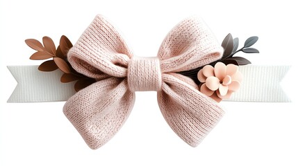 a handcrafted Christmas bow clipart, knitted texture, watercolor illustration, soft woolen style, isolated on white background
