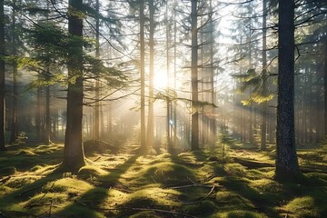 Obraz premium Enchanted Forest: Sunlight Streaming Through Tall Trees