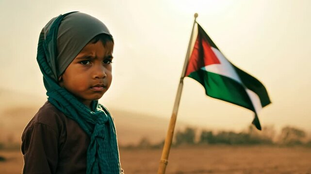 A serious child stands in a dusty field with a Palestinian flag in the background, captured with soft backlighting for a solemn and reflective atmosphere