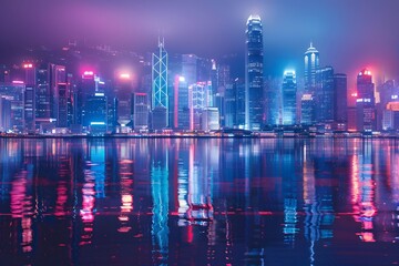Fototapeta premium Vibrant Nightscape of a Modern City Skyline Reflected in Water