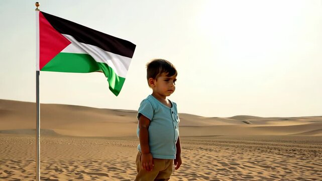 A serious child or boy stands near a waving Palestinian flag in the desert under soft lighting, creating a calm and emotional scene