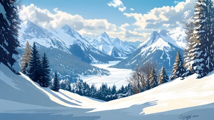 Fototapeta premium Panoramic view down snow covered valley in alpine mountain range