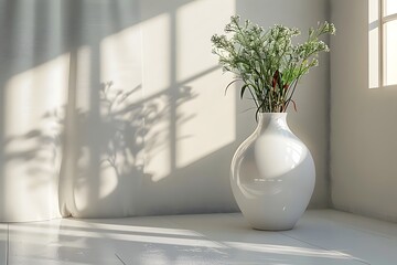 Fototapeta premium Elegant White Vase with Fresh Flowers in a Sunlit Room