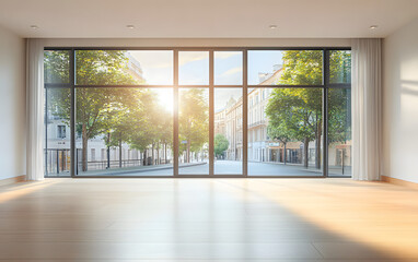 Fototapeta premium Modern empty room with large window overlooking the street in a contemporary building during daylight