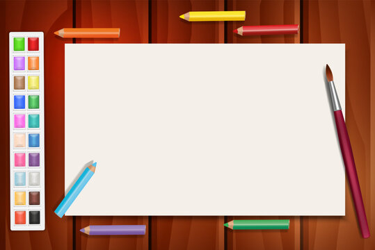 
Khudozhestvennyy nabor dlya risovaniya. Akvarel'nyye kraski. Kist' i palitra s kraskami. Derevyannyy fon. Tsvetnyye karandashi. Al'bomnyy list. Shablon dlya risovaniya. Vektor. kist', kraski, akvarel