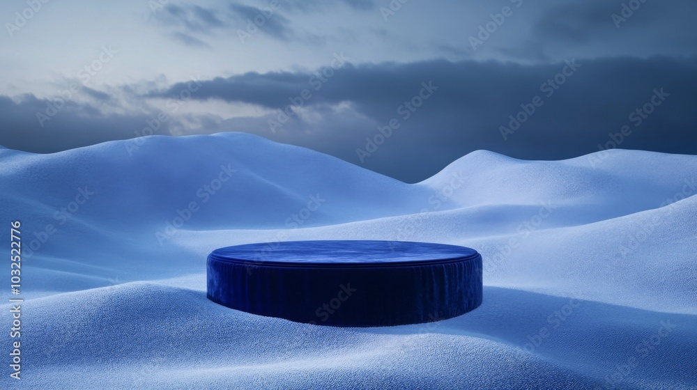 Aufkleber A blue circular object sits calmly on a smooth expanse of snow, surrounded by gentle curves of white terrain. The sky above is filled with clouds, creating an atmospheric twilight ambiance.